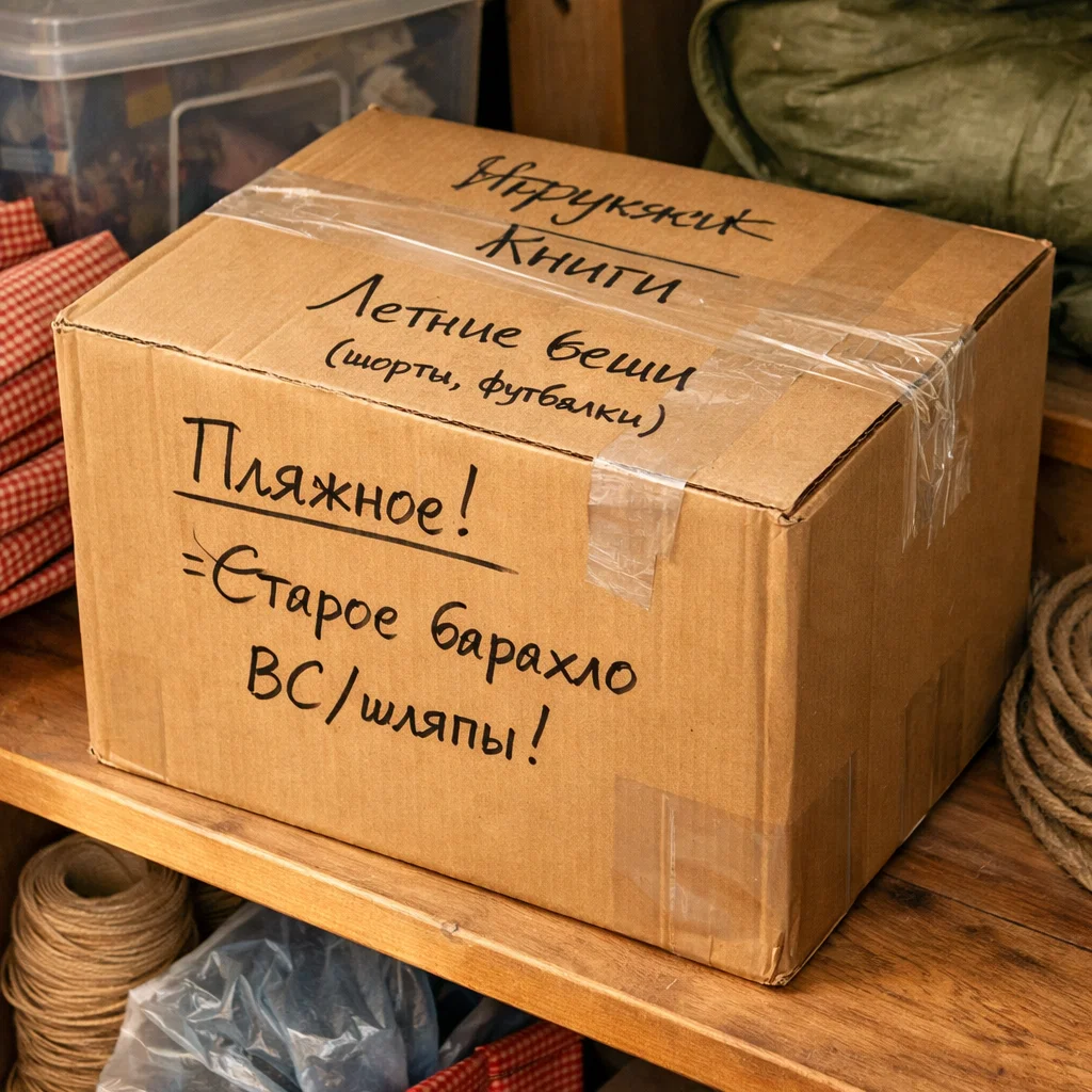 Большая коробка на полке с рукописными подписями