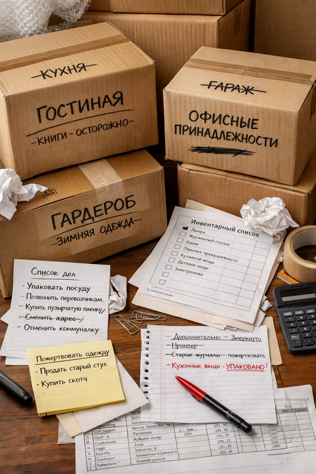 Коробки с подписями, заметками и инвентарными списками