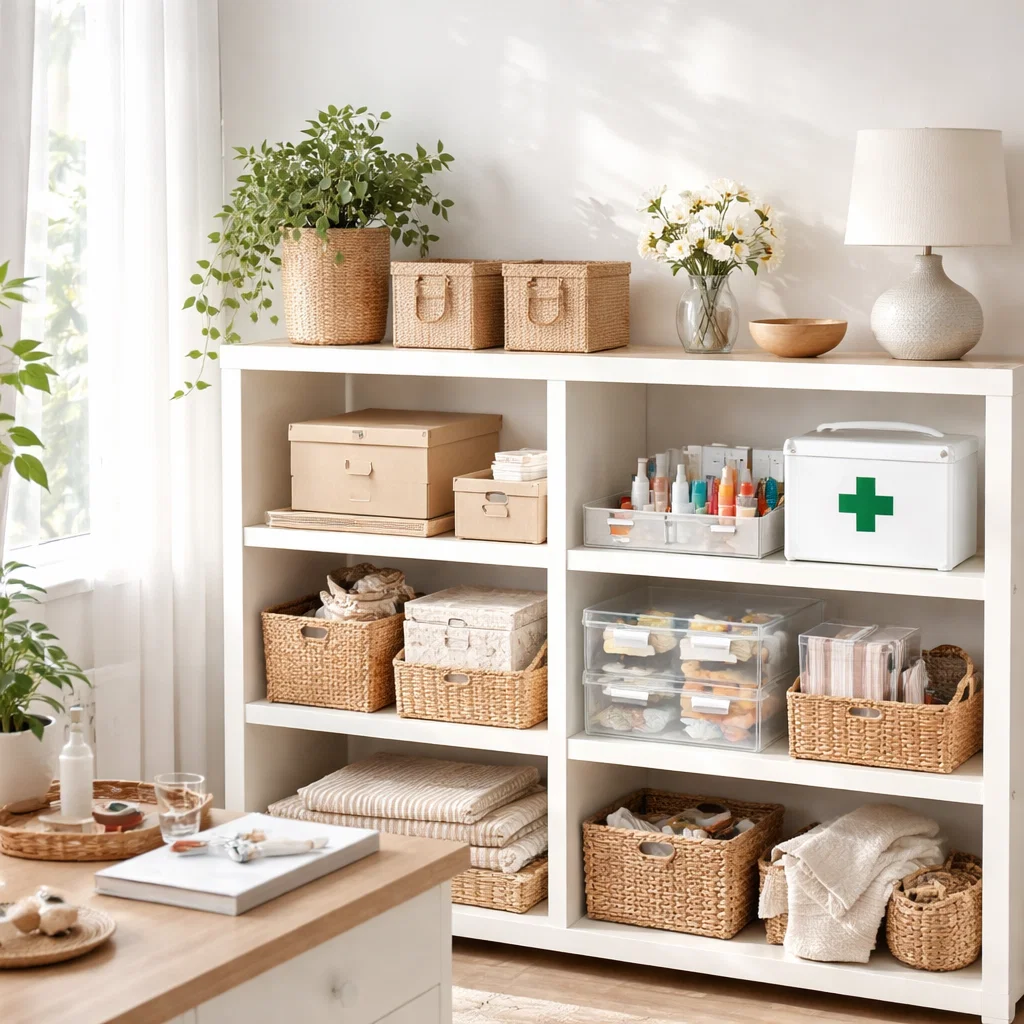 Светлый домашний интерьер со стеллажом, коробками и аптечкой