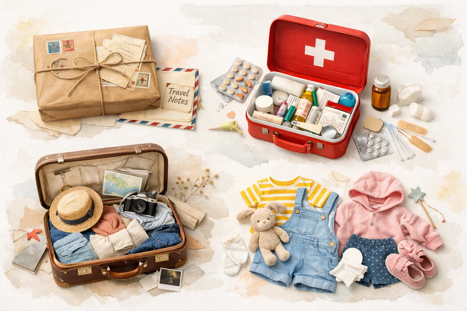 Сценарный коллаж с поездкой, аптечкой, посылкой и детскими вещами